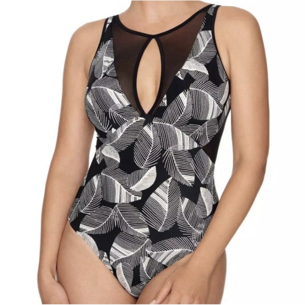 Time‎ & Tru Missy One Piece Swimsuit Black White Floral XL NWT